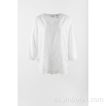 Blusa manga 3/4 bordado gasa blanca
